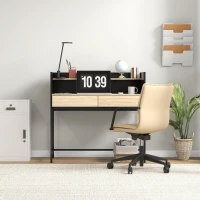 HOMCOM Moderner Design-Schreibtisch, 1 Regal, 2 Schubladen, schwarzes Metallgestell, Holzpartikeln, Maße 106 B x 51,5 T x 102,5 H cm(m-4)
