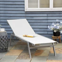 Outsunny Transat de Jardin Relax avec Dossier 5 Positions en Métal Blanc Crème 170 x 58 x 97 cm(m-2)