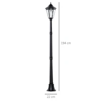 Outsunny Lanterne Solaire de Jardin Lampe de Jardin Lampadaire avec 19 LED 130 lumens 3000K Aluminium verre trempé Noir 22 x 22 x 194 cm(m-3)