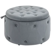 HOMCOM Pouf rond avec espace de rangement, design matelassé avec boutons, texture en velours, gris, 60 x 60 x 40 cm(m-6)