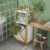 HOMCOM Badezimmerschrank aus Bambus mit Wäschekorb Bodenschrank Badezimmer Platzsparend - 2 Regale - Abmessungen 40L x 30B x 86,5H cm(m-5)