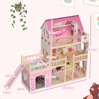 AIYAPLAY Maison de Poupée, 3 Étages, 13 Meubles, Garage, Toboggans & Balcon, 114 x 32 x 92 cm, Rose(m-3)