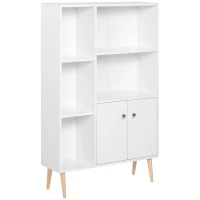 HOMCOM Skandinavisches Bücherregal mit Abmessungen 80L x 23,5B x 123H cm, 5 Nischen, Schrank, 2 Türen, schräge massive Holzfüße, Spanplatten in Weiß(m-6)