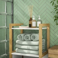 HOMCOM Badezimmerschrank aus Bambus mit Wäschekorb Bodenschrank Badezimmer Platzsparend - 2 Regale - Abmessungen 40L x 30B x 86,5H cm(m-4)