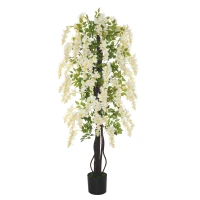 Outsunny Plante artificielle avec glycines blanches Décoration 1,65 m Plantes artificielles en pot Arbre de décoration en plastique et ciment Blanc + Vert 24 x 24 x 165 cm(m-1)