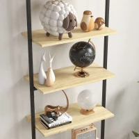 HOMCOM Wandregal Leiterregal Bücherregal Industriestil 6 Regale Schwarzer Stahl Natürliche Holzoptik Maße 60L x 30B x 206H cm(m-4)
