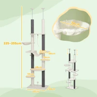 PawHut Arbre à Chat, haut jusqu'au plafond, ajustable 225-255 cm, Plateformes & Hamacs, Dispositif anti-basculement, Blanc(m-3)