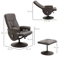 HOMCOM Fauteuil Relax avec Repose-Pieds, Fauteuil de Massage Électrique avec Fonction de Couchage, 10 Points de Massage, Fauteuil TV Pivotant avec Pochette Latérale, Télécommande, Similicuir, Marron(m-3)
