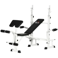 HOMCOM Banc de Musculation avec Support de Barre, Presse pour la Poitrine, Presse pour les Jambes, Accoudoir pour les Biceps Curl, Acier, noir + blanc(m-1)