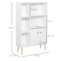 HOMCOM Skandinavisches Bücherregal mit Abmessungen 80L x 23,5B x 123H cm, 5 Nischen, Schrank, 2 Türen, schräge massive Holzfüße, Spanplatten in Weiß(m-3)