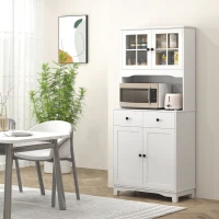 HOMCOM Meuble de cuisine indépendant avec plan de travail pour micro-ondes, machine à café, armoires, portes en verre, Blanc(m-2)