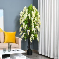 Outsunny Plante artificielle avec glycines blanches Décoration 1,65 m Plantes artificielles en pot Arbre de décoration en plastique et ciment Blanc + Vert 24 x 24 x 165 cm(m-2)
