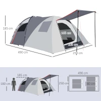 Outsunny Tente de camping pour 4-5 personnes, deux pièces intérieures, tapis de sol amovible, gris, 4,90 x 2,50 x 1,85 m(m-3)