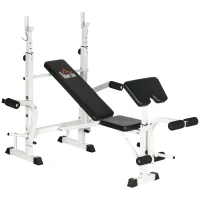 HOMCOM Banc de Musculation avec Support de Barre, Presse pour la Poitrine, Presse pour les Jambes, Accoudoir pour les Biceps Curl, Acier, noir + blanc(m-6)
