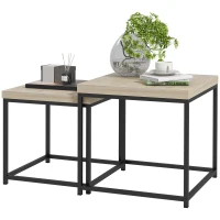 HOMCOM Set aus 2 ineinander stapelbaren Couchtischen quadratische Beistelltische Wohnzimmertische mit Stahlrahmen und Holzspanplatten(m-1)