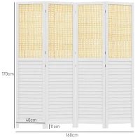 HOMCOM Paravent aus Holz 4 Panel 160 x 170 cm Raumteiler faltbare Trennwand - Weiß(m-3)