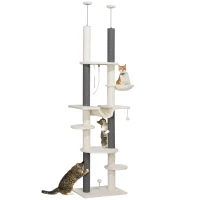PawHut Arbre à Chat, haut jusqu'au plafond, ajustable 225-255 cm, Plateformes & Hamacs, Dispositif anti-basculement, Blanc(m-6)