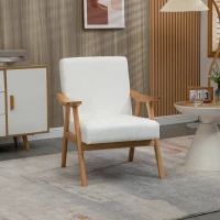 HOMCOM Fauteuil rembourré au Design Scandinave, Velours, Cadre en Bois Massif, 68 x 74 x 82 cm, Naturel + Blanc crème(m-2)