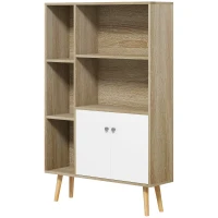 HOMCOM Skandinavisches Bücherregal Aufbewahrungsmöbel dim. 80L x 23,5B x 123H cm 5 Nischen Schrank 2 Türen geneigte massive Pinienholzfüße(m-1)