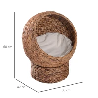 PawHut Panier à Chat en Rotin Nid de Chat Cabane pour Chat Lit pour Chat avec Coussin Lit pour Animaux Jonc d'Eau Marron Clair 50 x 42 x 60 cm(m-3)
