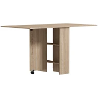 HOMCOM Klapptisch mit Rollen, 2 klappbare Tablettablagen und 2 integrierten Regalen 140 x 80 x 74 cm Natur(m-1)
