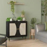 HOMCOM Buffet Küchenmöbel Aufbewahrung Bohème Doppeltüren mit 2 Ebenen, Rattanfront 80 x 38 x 79 cm Schwarz(m-2)
