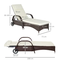 Outsunny Chaise Longue de Jardin en Rotin Mobilier de Jardin avec Coussin et Roues, Rotin Synthétique+Métal, Marron Café, 200 x 73 x 30-103cm(m-3)