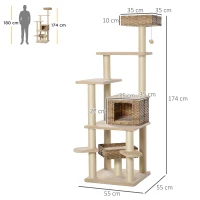 PawHut Arbre à Chat en Rotin avec Grotte pour Chats Arbre à Chat à Plusieurs Étages pour Chats E1 MDF Sisal Beige + Marron 55 x 55 x 174 cm(m-3)