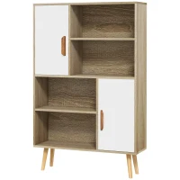HOMCOM Skandinavisches Bücherregal 4 Nischen + 2 Schranktüren mit verstellbarem Regalboden 80L x 24B x 123H cm Schlanke, geneigte Füße aus massivem Kiefernholz Eiche(m-1)