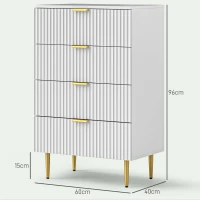 HOMCOM Comodă cu 4 Sertare din Lemn MDF, Comodă Modernă cu Mânere și Picioare Aurii, 60x40x96 cm, Alb(m-3)