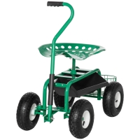 Outsunny Chariot de Jardin avec Siège à Roulettes jusqu'à 150 kg avec Panier de Rangement pour Petits Outils de Jardin Chariot d'Atelier Mobile Siège de Jardin Direction Réglable Hauteur du Siège 46-59 cm Ajustable Métal Caoutchouc Vert