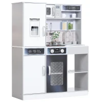 AIYAPLAY Ensemble de cuisine de jeu avec ensemble de vaisselle en acier inoxydable, cuisinière, évier avec circulation d'eau, effets lumineux et sonores, Blanc(m-1)