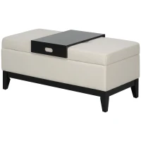 HOMCOM Pouf avec Espace de Rangement, Plateau, Cadre en Bois d'eucalyptus, jusqu'à 120 kg, 107 x 50 x 44 cm, Crème/Noir(m-1)