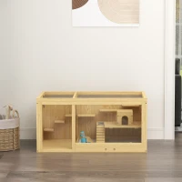 PawHut Cage pour petits animaux en bois, cage à rongeurs, avec accessoires et abreuvoir, 100 x 50 x 50 cm, naturel(m-4)