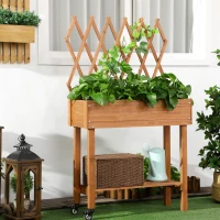 Outsunny Potager surélevé, treillis intégré, étagère de rangement, roues, bois massif, marron, 79 x 29 x 130 cm(m-2)