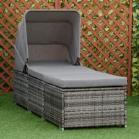Outsunny Chaise longue en rotin polymère avec auvent Transat de jardin réglable Lit de jardin en rotin Mobilier de jardin avec coussins Gris 195 x 65 x 40 cm(m-2)