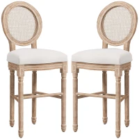 HOMCOM Set mit 2 Barhockern im Medaillon-Stil des Louis XVI, massives geschnitztes Kautschukholz, patiniert, Leinenoptik 48 x 56 x 118 cm Creme(m-1)