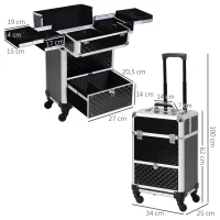 HOMCOM Make-up-Trolley-Koffer, Kosmetikkoffer mit Teleskopgriff 34L x 25B x 62H cm Alu-Schwarz(m-3)