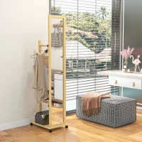 HOMCOM Stehender Spiegel mit Rollen und Multifunktionsaufbewahrung 1 Kleiderstange 1 Regal aus Naturholz(m-2)