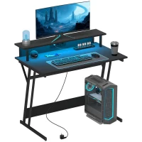 HOMCOM Birou de Gaming cu Lumini LED și Suport pentru Monitor, Masă Gaming cu Port USB și TYPE C, 100x60x88,5 cm, Negru(m-1)