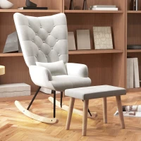 HOMCOM Fauteuil à bascule avec repose-pieds, rembourré, dossier haut, aspect velours, jusqu'à 150 kg, Blanc crème(m-4)