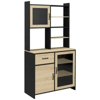 HOMCOM Küchenschrank Buffet hoch mit 1 Schublade 3 Schränken Regalen 2 Glastüren 90 x 39 x 177 cm Schwarz Natur(m-6)