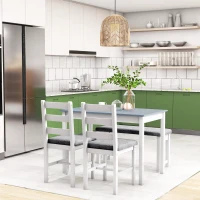 HOMCOM Groupe de sièges, Ensemble de table à manger 4 pièces, 1 Table, 1 Banc, 2 Chaises, Gris + Blanc(m-2)