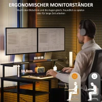 HOMCOM L-vormig Bureau met Oplaadstation, Hoek Computertafel met Monitorstandaard en Planken, voor Thuiswerkplek, Kantoor, Zwart(m-5)