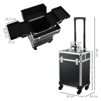 HOMCOM Koffer Trolley Make-up Koffer Kosmetik Vanity Teleskopgriff verstellbar 34L x 24B x 52H cm Alu. Schwarz(m-3)