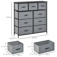HOMCOM Kommode 9 Schubladen Aufbewahrungsmöbel faltbare Stoffschubladen - schwarze Stahlstruktur - 100 x 30 x 100 cm, Schwarz und Grau(m-3)