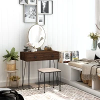 HOMCOM Moderner Schminktisch mit LED-Spiegel - Integrierte einstellbare LED-Beleuchtung - Inklusive Hocker - Schwarzer Metallrahmen - 2 Schubladen + 1 Lippenstift-Organizer in Dunkelwalnuss-Optik(m-2)