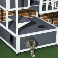 PawHut Maison pour chats en bois de pin avec terrasse, cachette pour chats, 4 étages, villa pour chats avec escalier, toit en asphalte, résistant à l'hiver, maison pour petits animaux, Gris, 75,5 x 75 x 137 cm(m-5)