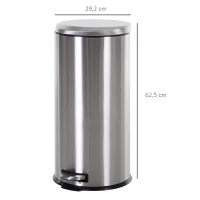HOMCOM 30L Poubelle à pédale en acier inoxydable, poubelle avec seau intérieur, conteneur à déchets avec couvercle et pédale, pour salon, bureau, Ø29,2 x 62,5 cm(m-3)