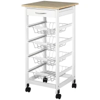 HOMCOM Küchenwagen Servierwagen mit Rollen Mehrzweck 4 Metallkörbe + Schublade Pinienholz 37 x 37 x 82 cm Weiß(m-1)